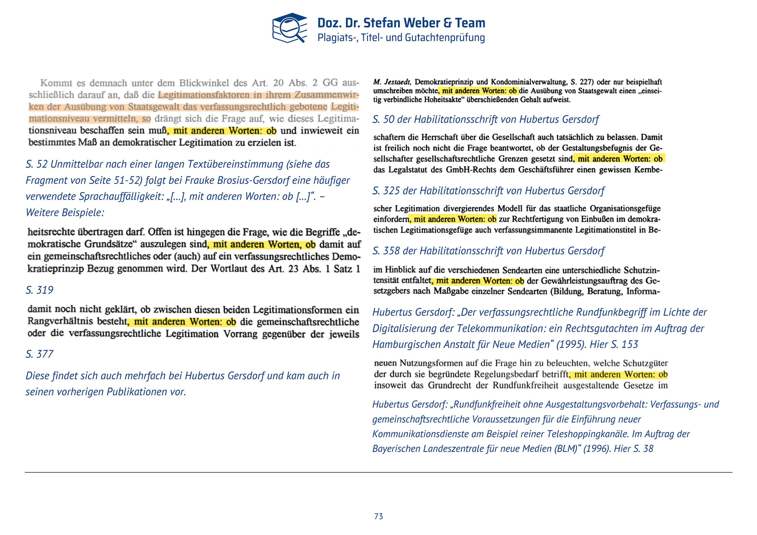Dokumentation Ghostwriting Plagiate Doktorarbeit Frauke Brosius-Gersdorf Seite 73